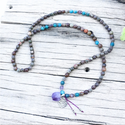 Coffee Onyx Apatite and Amethyst Mala Necklace - Grounding and Positivity