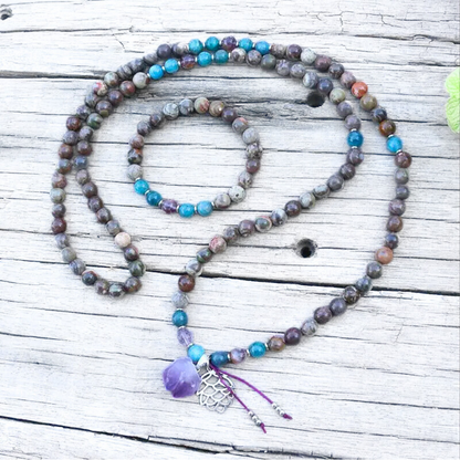 Coffee Onyx Apatite and Amethyst Mala Necklace - Grounding and Positivity