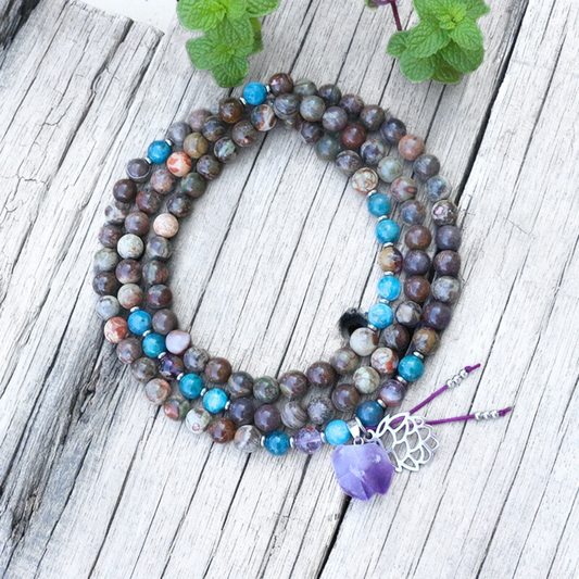 Coffee Onyx Apatite and Amethyst Mala Necklace - Grounding and Positivity