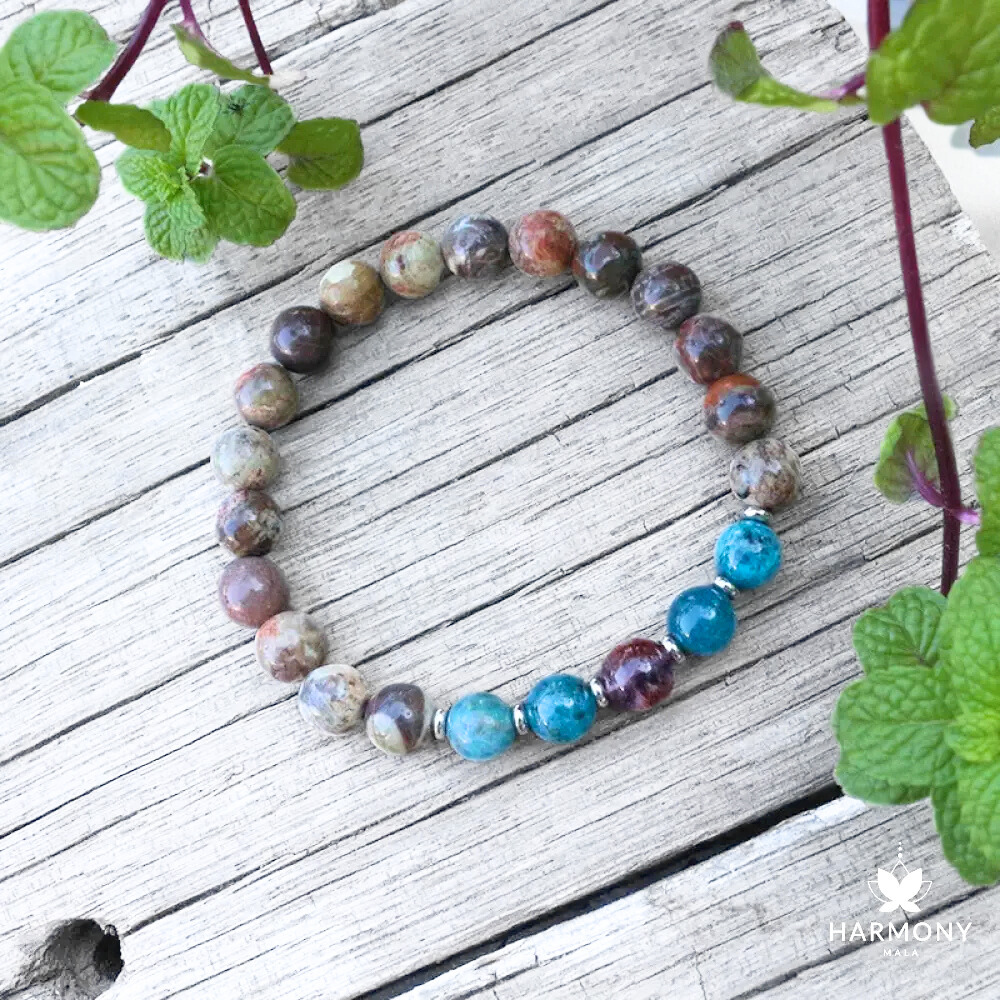 Coffee Onyx Apatite and Amethyst Mala Bead Bracelet - Grounding and Positivity