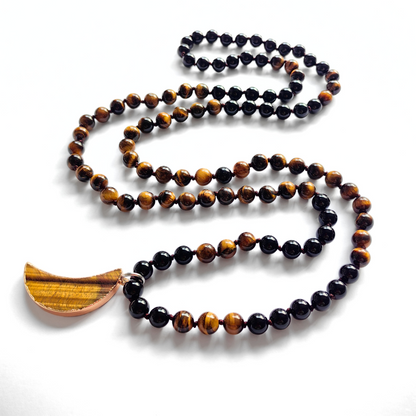 Black Onyx and Tiger Eye Mala Necklace with Tiger Eye Moon Pendant – Strength and Protection