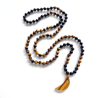 Black Onyx and Tiger Eye Mala Necklace with Tiger Eye Moon Pendant – Strength and Protection