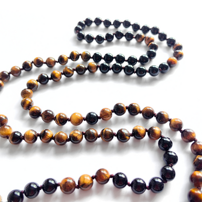 Black Onyx and Tiger Eye Mala Necklace with Tiger Eye Moon Pendant – Strength and Protection