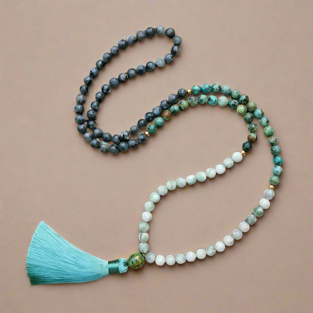 Lucky Jasper, African Turquoise, and Larvikite Mala Necklace – Harmony and Balance