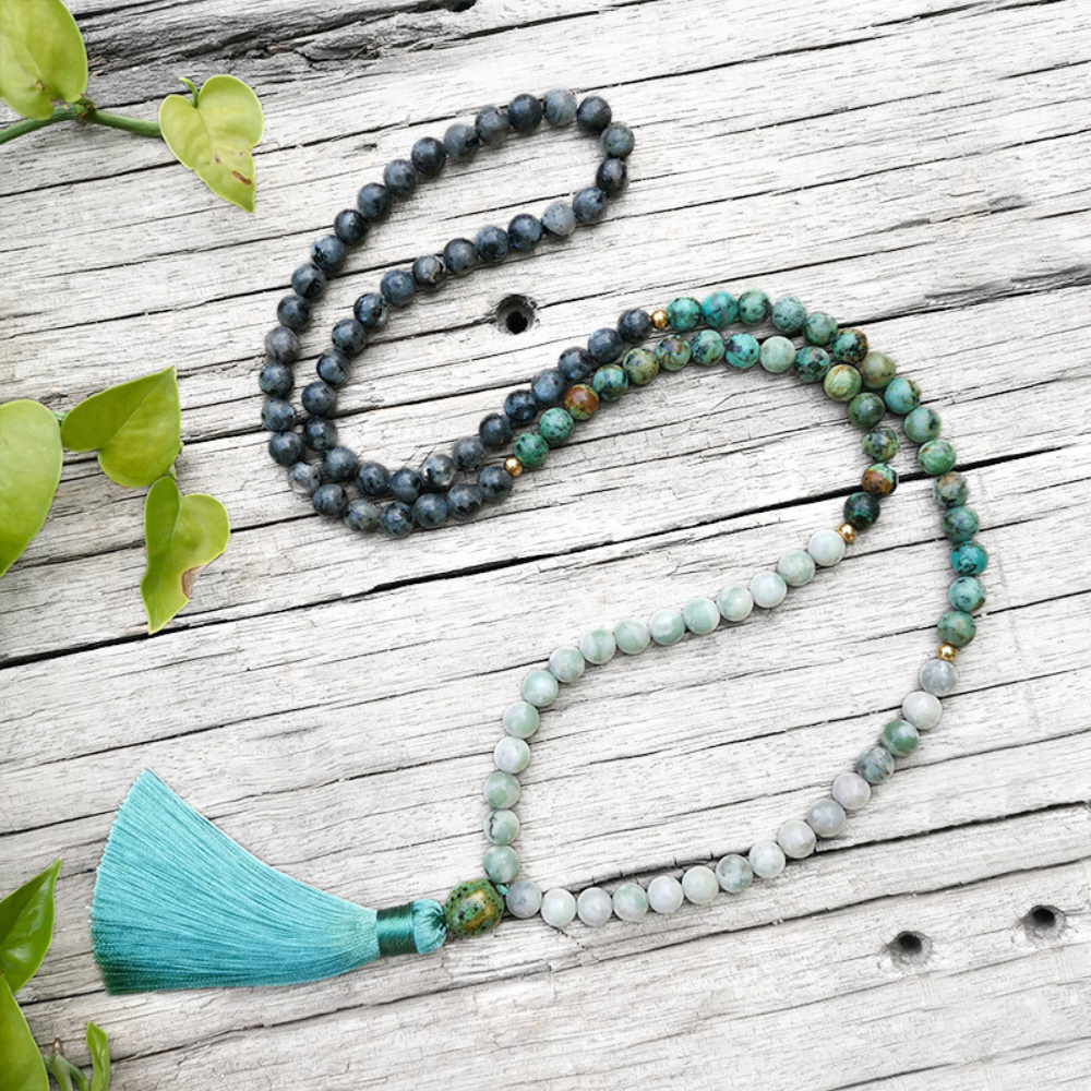 Lucky Jasper, African Turquoise, and Larvikite Mala Necklace – Harmony and Balance