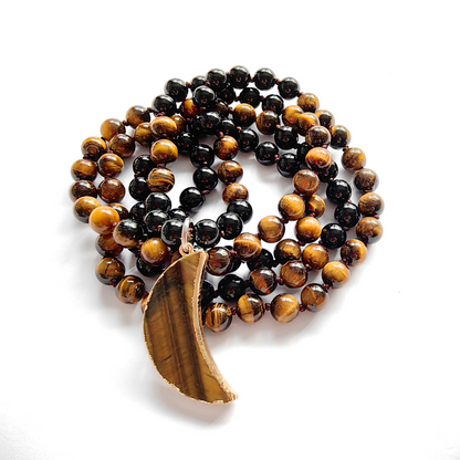 Black Onyx and Tiger Eye Mala Necklace with Tiger Eye Moon Pendant – Strength and Protection