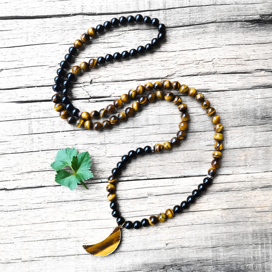 Black Onyx and Tiger Eye Mala Necklace with Tiger Eye Moon Pendant – Strength and Protection