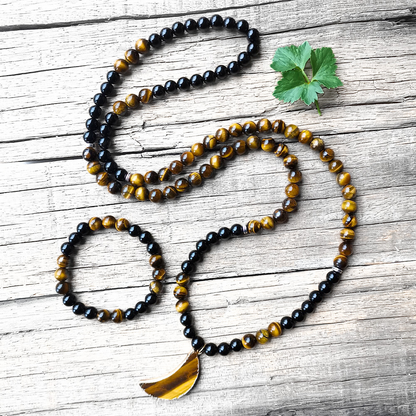 Black Onyx and Tiger Eye Mala Necklace with Tiger Eye Moon Pendant – Strength and Protection