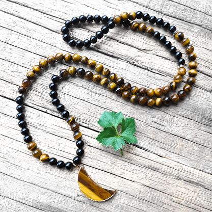 Black Onyx and Tiger Eye Mala Necklace with Tiger Eye Moon Pendant – Strength and Protection