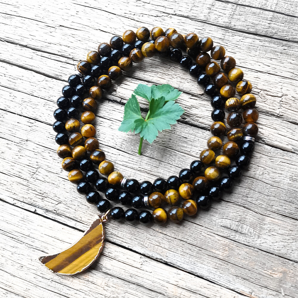 Black Onyx and Tiger Eye Mala Necklace with Tiger Eye Moon Pendant – Strength and Protection