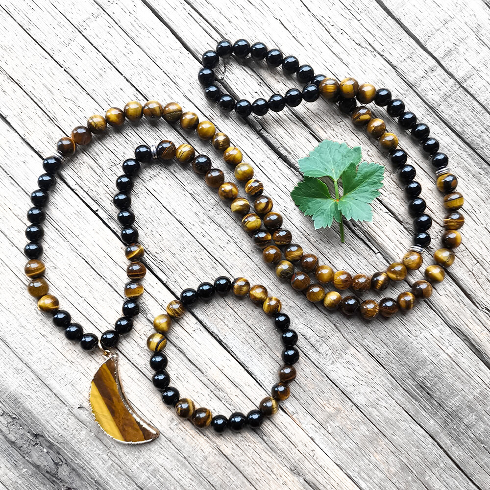 Black Onyx and Tiger Eye Mala Necklace with Tiger Eye Moon Pendant – Strength and Protection