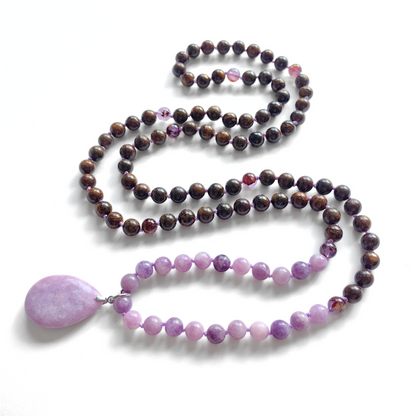 Bronzite and Lepidolite Mala Necklace with Lepidolite Pendant – Inner Peace and Serenity