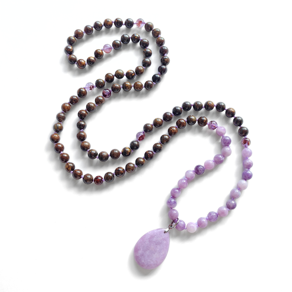 Bronzite and Lepidolite Mala Necklace with Lepidolite Pendant – Inner Peace and Serenity