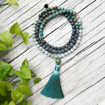 Lucky Jasper, African Turquoise, and Larvikite Mala Necklace – Harmony and Balance