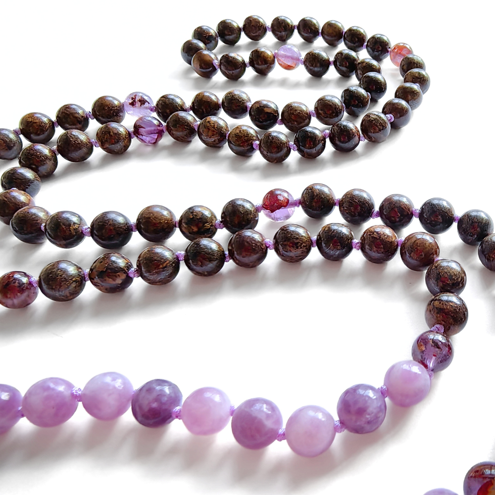 Bronzite and Lepidolite Mala Necklace with Lepidolite Pendant – Inner Peace and Serenity