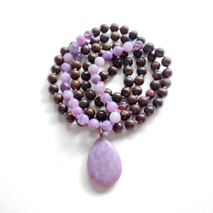 Bronzite and Lepidolite Mala Necklace with Lepidolite Pendant – Inner Peace and Serenity