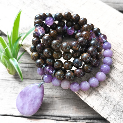 Bronzite and Lepidolite Mala Necklace with Lepidolite Pendant – Inner Peace and Serenity