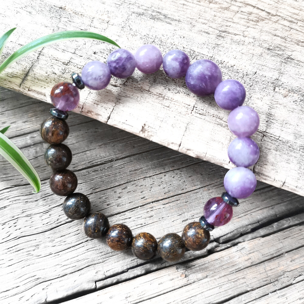 Bronzite and Lepidolite Mala Necklace with Lepidolite Pendant – Inner Peace and Serenity