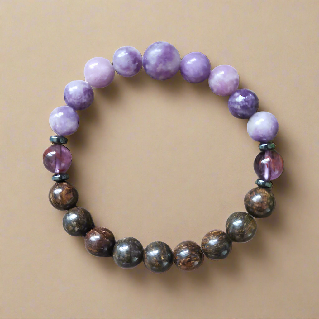 Bronzite and Lepidolite Mala Necklace with Lepidolite Pendant – Inner Peace and Serenity