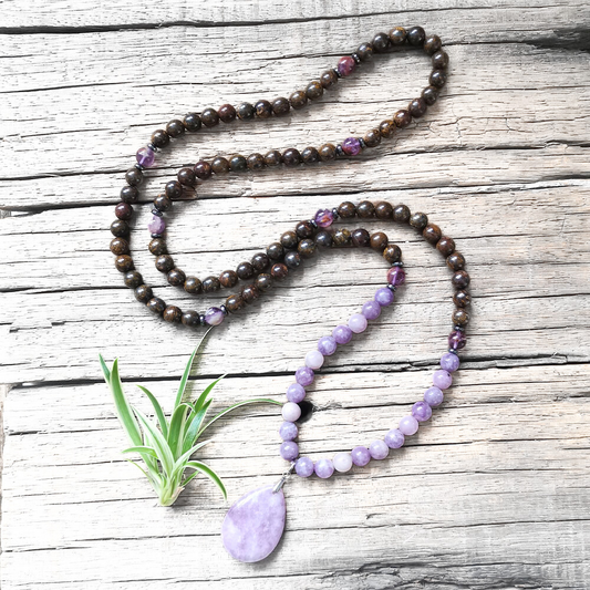 Bronzite and Lepidolite Mala Necklace with Lepidolite Pendant – Inner Peace and Serenity