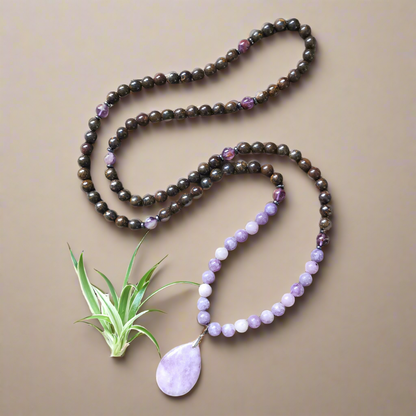 Bronzite and Lepidolite Mala Necklace with Lepidolite Pendant – Inner Peace and Serenity