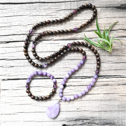 Bronzite and Lepidolite Mala Necklace with Lepidolite Pendant – Inner Peace and Serenity