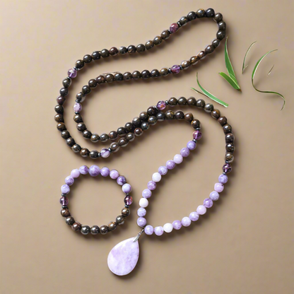 Bronzite and Lepidolite Mala Necklace with Lepidolite Pendant – Inner Peace and Serenity