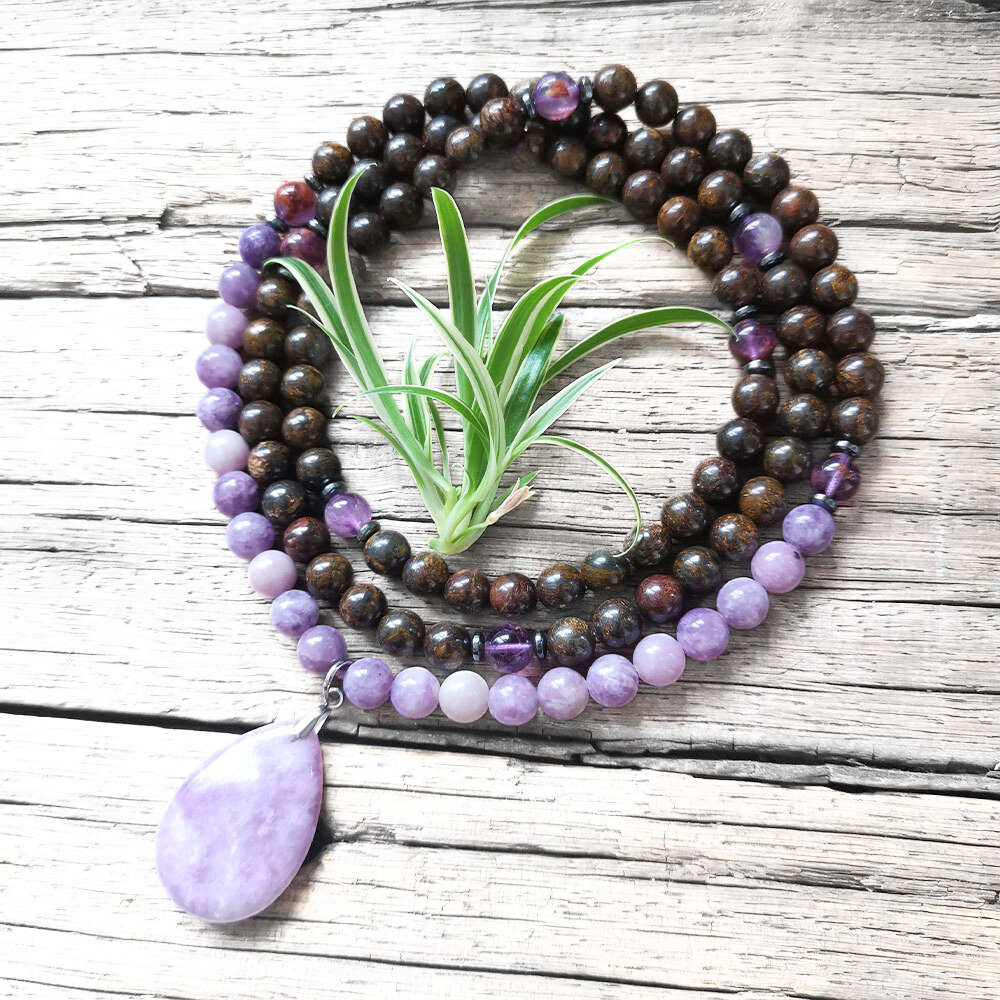 Bronzite and Lepidolite Mala Necklace with Lepidolite Pendant – Inner Peace and Serenity