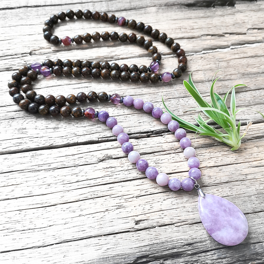 Bronzite and Lepidolite Mala Necklace with Lepidolite Pendant – Inner Peace and Serenity