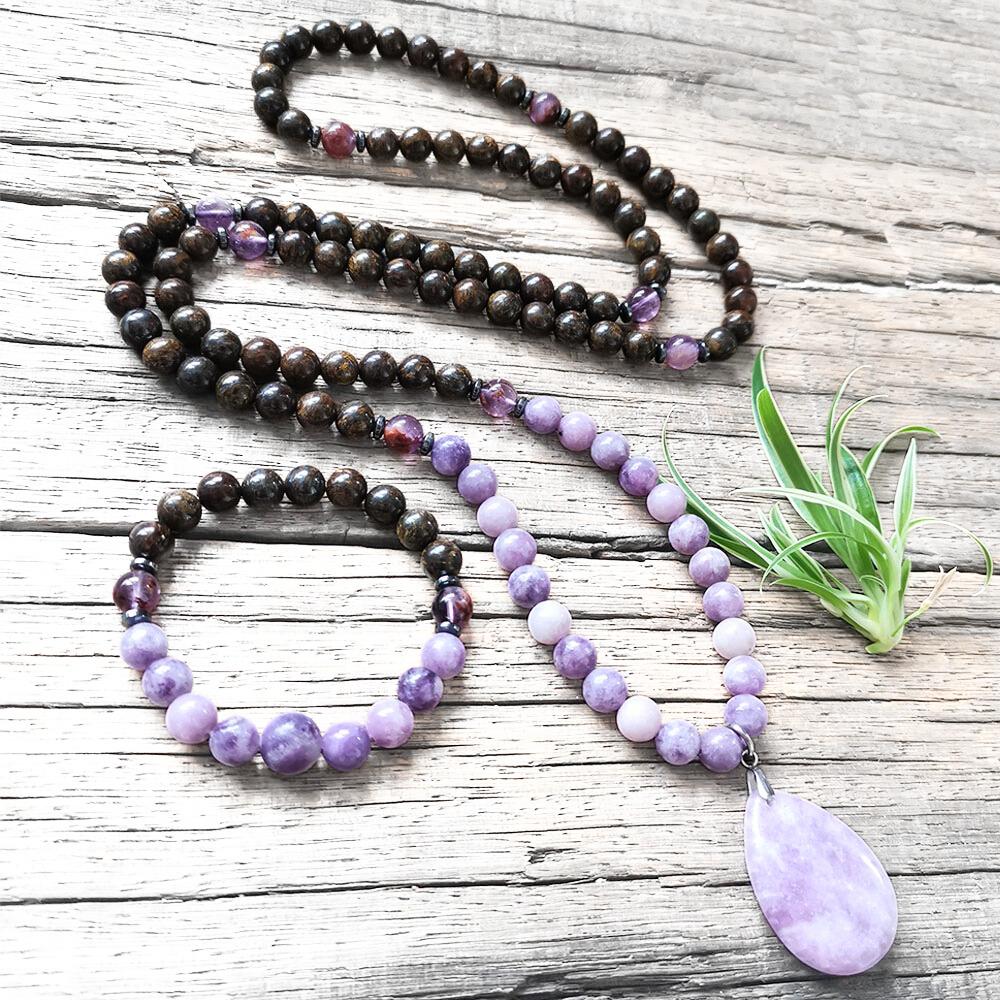 Bronzite and Lepidolite Mala Necklace with Lepidolite Pendant – Inner Peace and Serenity