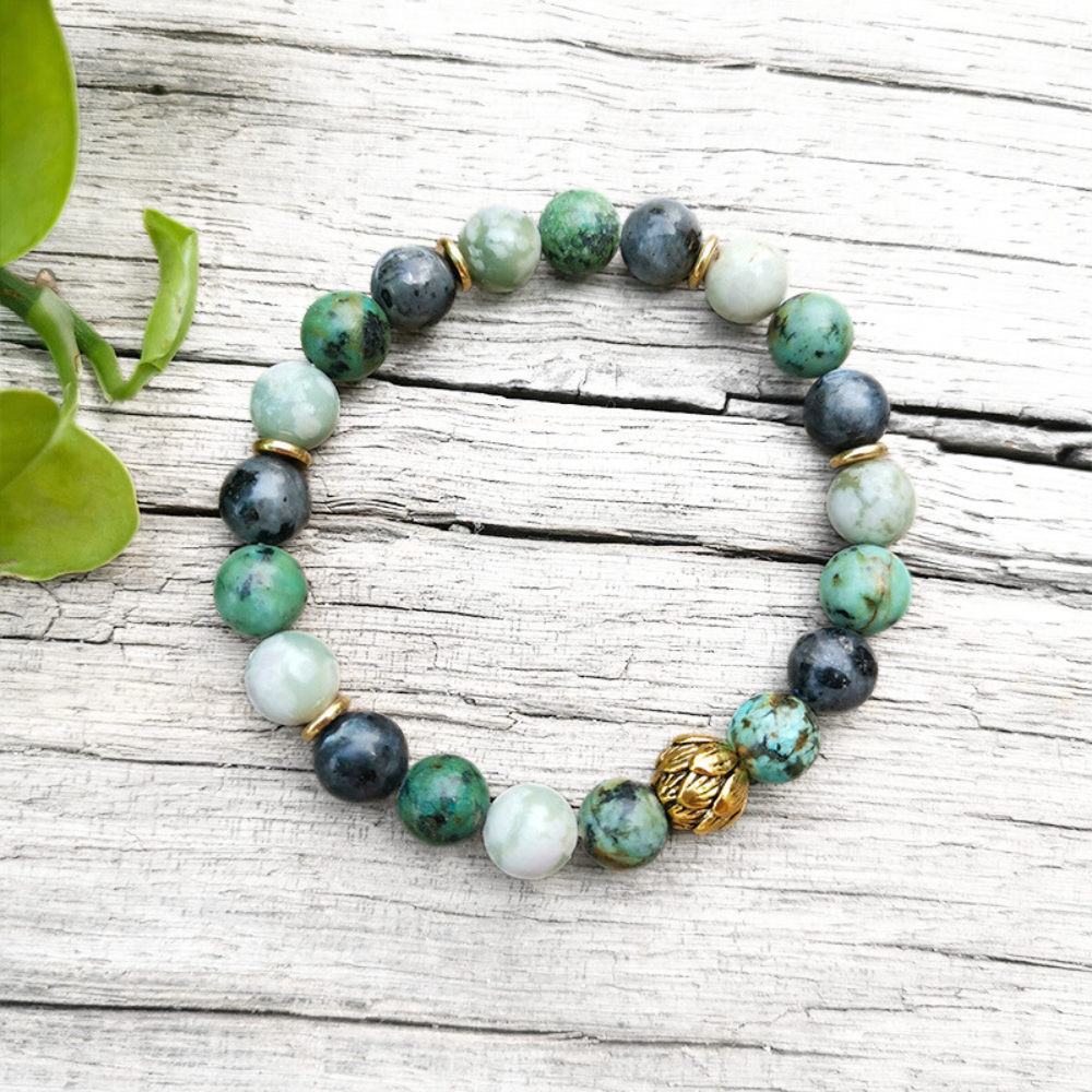 Lucky Jasper, African Turquoise, and Larvikite Mala Bracelet – Harmony and Balance