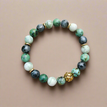 Lucky Jasper, African Turquoise, and Larvikite Mala Bracelet – Harmony and Balance