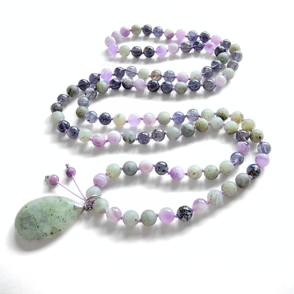 Cordierite, Labradorite, and Amethyst Mala Necklace – Intuition and Balance