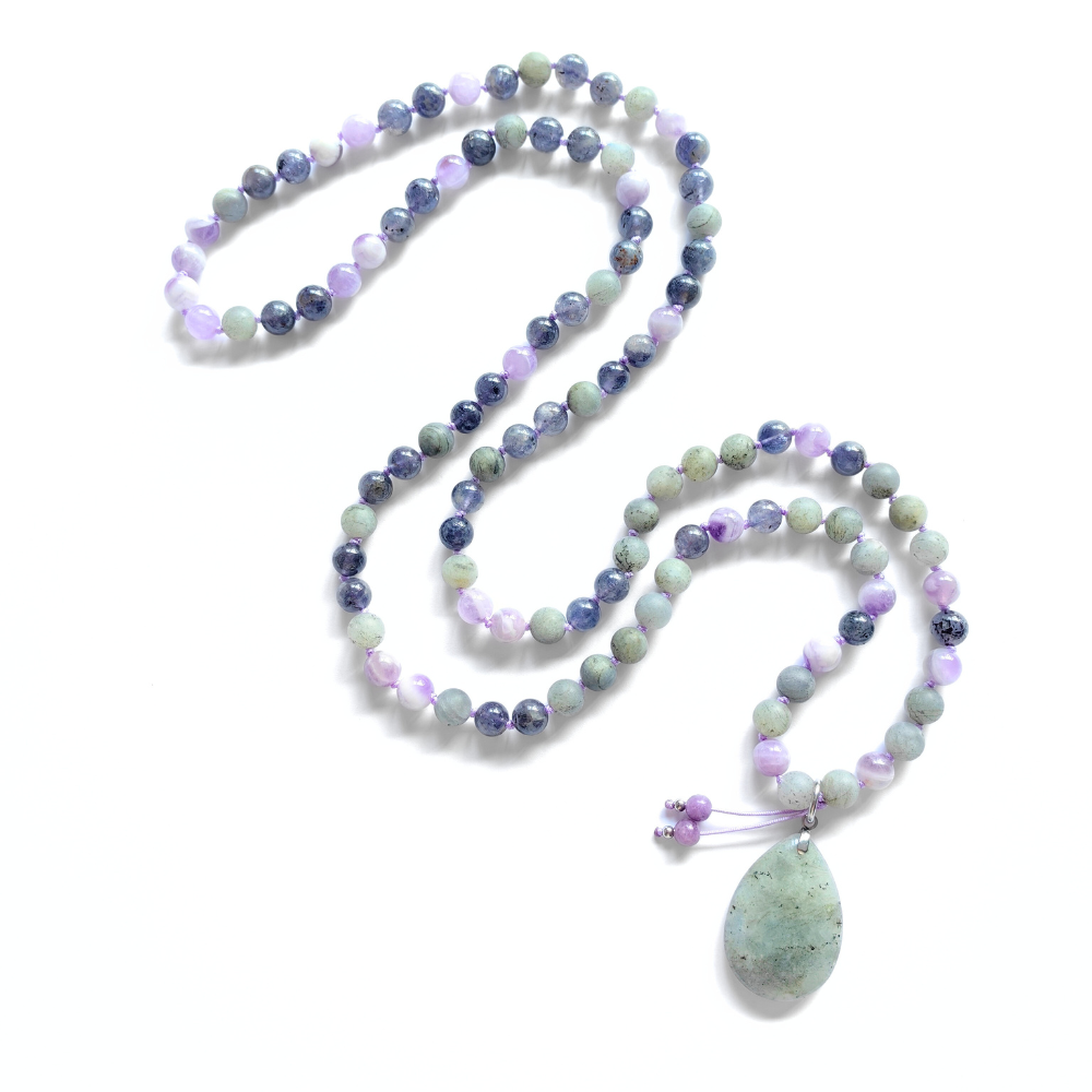 Cordierite, Labradorite, and Amethyst Mala Necklace – Intuition and Balance