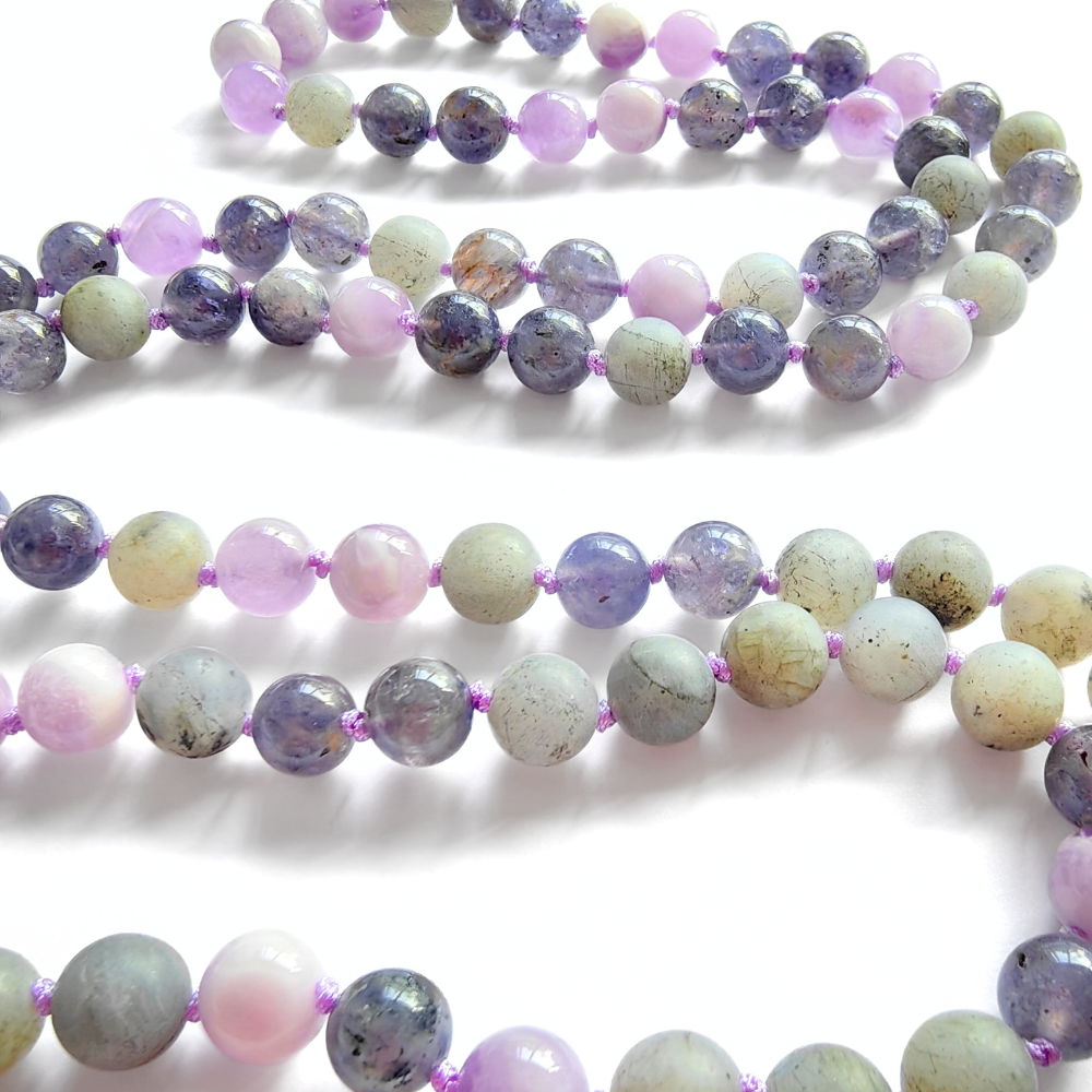 Cordierite, Labradorite, and Amethyst Mala Necklace – Intuition and Balance