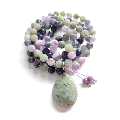 Cordierite, Labradorite, and Amethyst Mala Necklace – Intuition and Balance