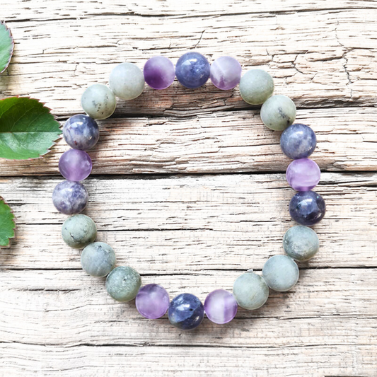 Cordierite, Labradorite, and Amethyst Mala Bracelet – Intuition and Balance