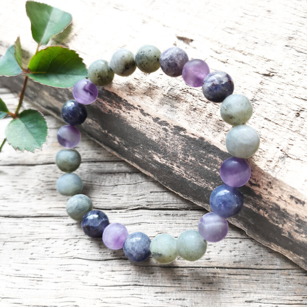 Cordierite, Labradorite, and Amethyst Mala Necklace – Intuition and Balance