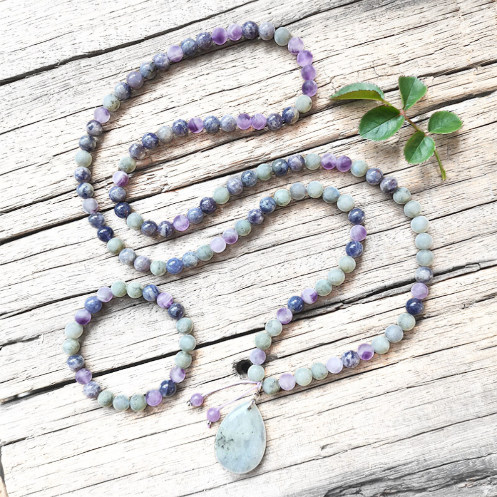 Cordierite, Labradorite, and Amethyst Mala Necklace – Intuition and Balance