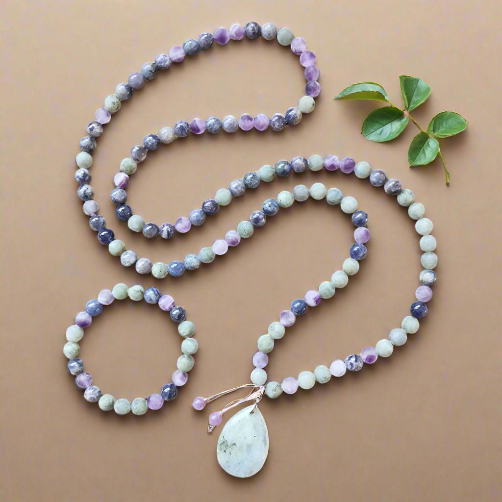 Cordierite, Labradorite, and Amethyst Mala Necklace – Intuition and Balance