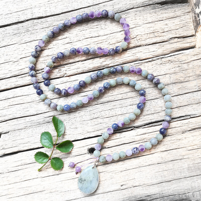 Cordierite, Labradorite, and Amethyst Mala Necklace – Intuition and Balance