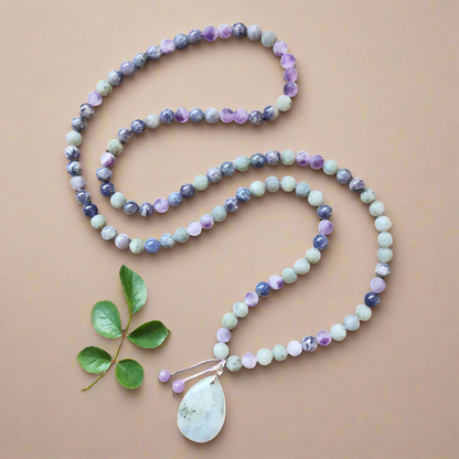 Cordierite, Labradorite, and Amethyst Mala Necklace – Intuition and Balance