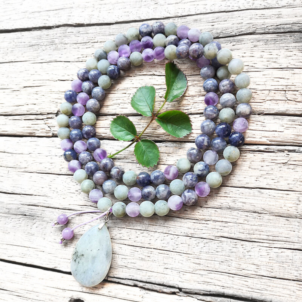 Cordierite, Labradorite, and Amethyst Mala Necklace – Intuition and Balance