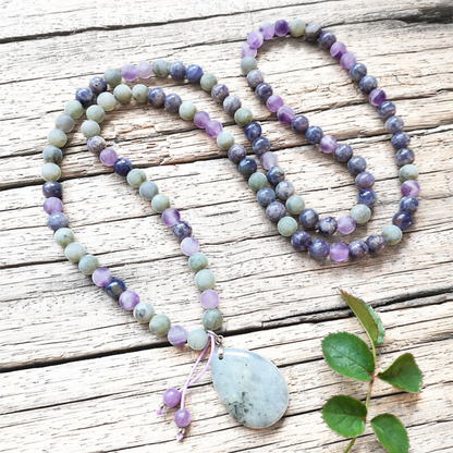 Cordierite, Labradorite, and Amethyst Mala Necklace – Intuition and Balance