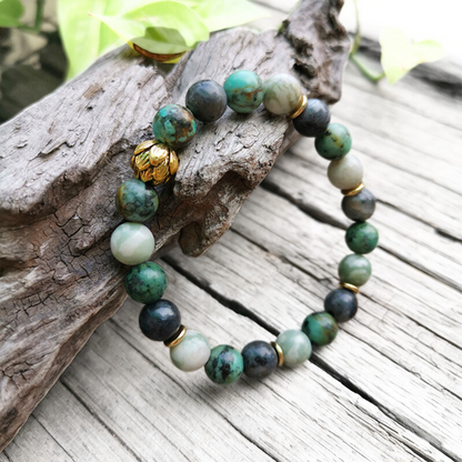 Lucky Jasper, African Turquoise, and Larvikite Mala Necklace – Harmony and Balance