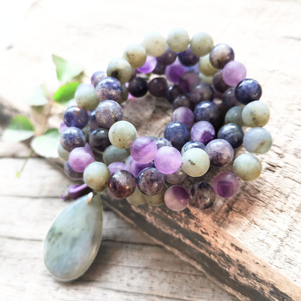 Cordierite, Labradorite, and Amethyst Mala Necklace – Intuition and Balance