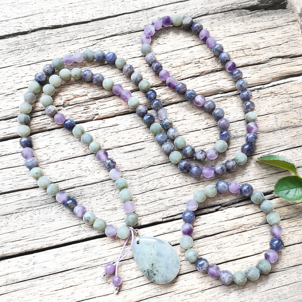 Cordierite, Labradorite, and Amethyst Mala Necklace – Intuition and Balance