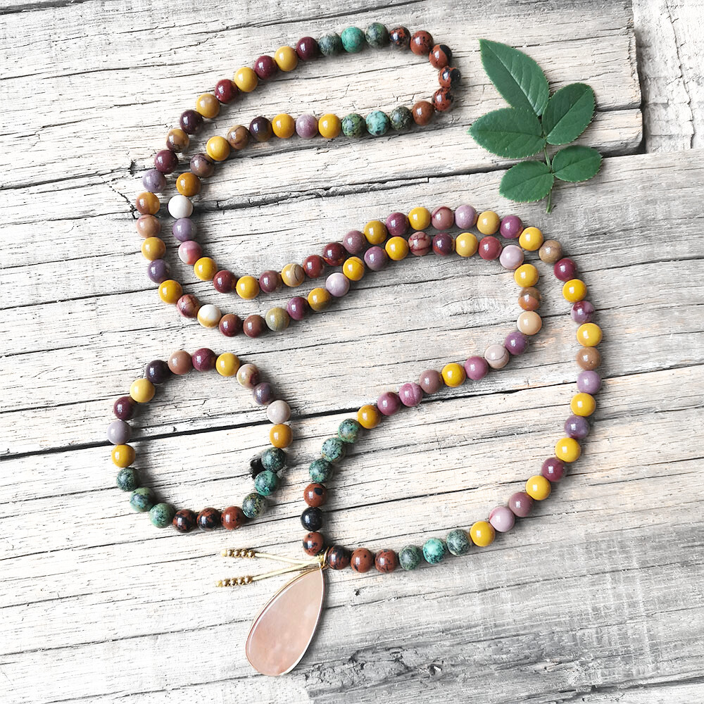 Mookaite and African Turquoise Mala Necklace with Pink Aventurine Pendant – Balance and Growth