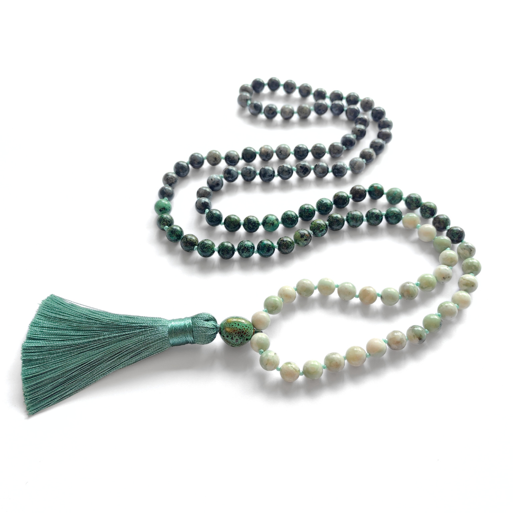 Lucky Jasper, African Turquoise, and Larvikite Mala Necklace – Harmony and Balance