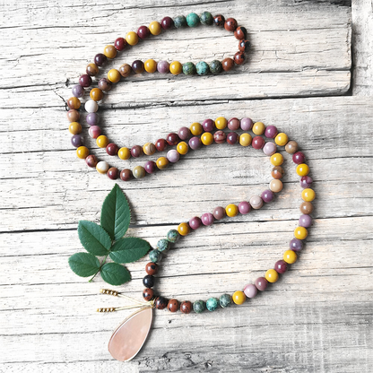 Mookaite and African Turquoise Mala Necklace with Pink Aventurine Pendant – Balance and Growth